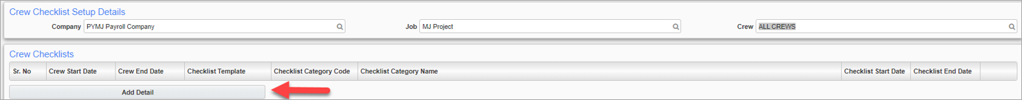 Screenshot of Checklist Setup in E-Time with Add Detail button highlighted.