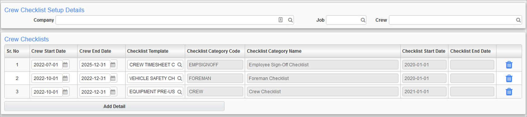 Screenshot of Checklist Setup in E-Time with Crew Checklists.