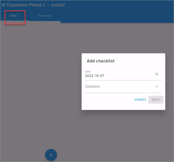 Screenshot of Add checklist on Crew tab.
