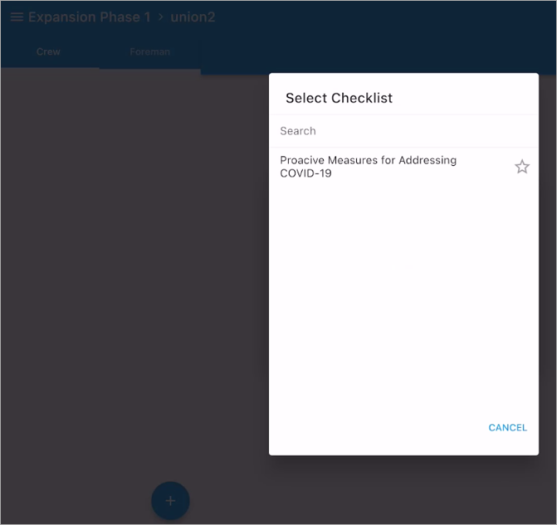 Screenshot of Select Checklist pop-up.