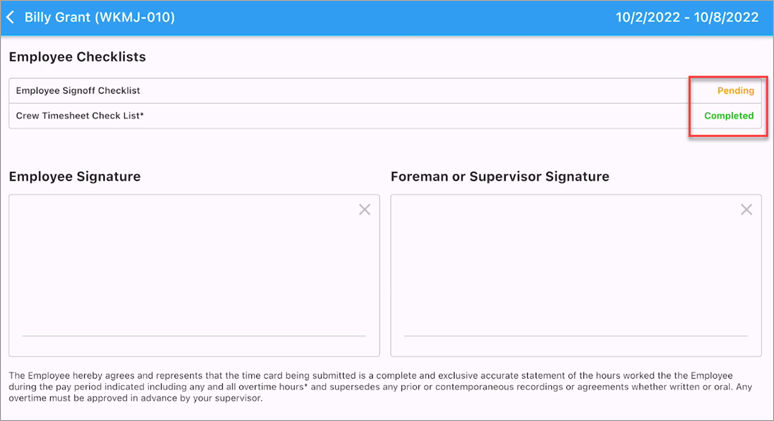 Screenshot of Employee Signature screen.