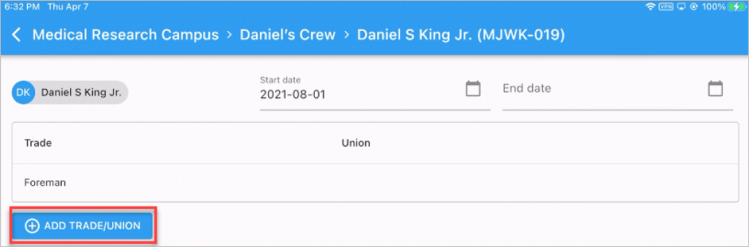 Screenshot of  [Add Trade/Union] buttonon timesheet