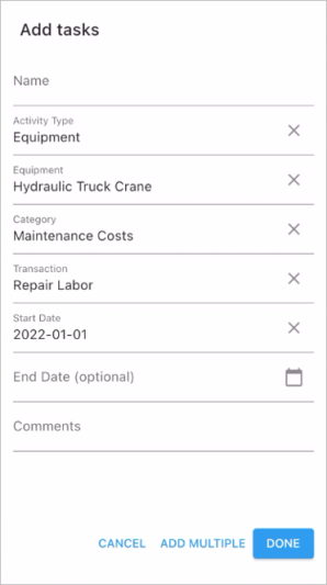Screenshot of Add Tasks with activity type Equipment