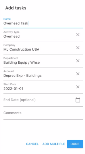 Screenshot of Add Tasks with activity type Overhead