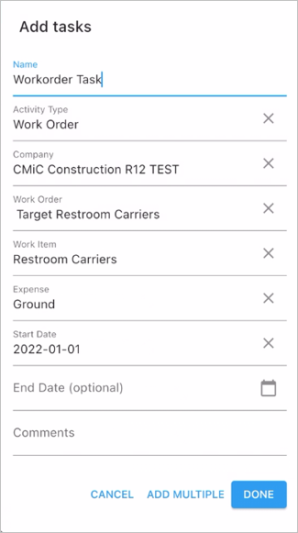 Screenshot of Add Tasks with activity type Work Order