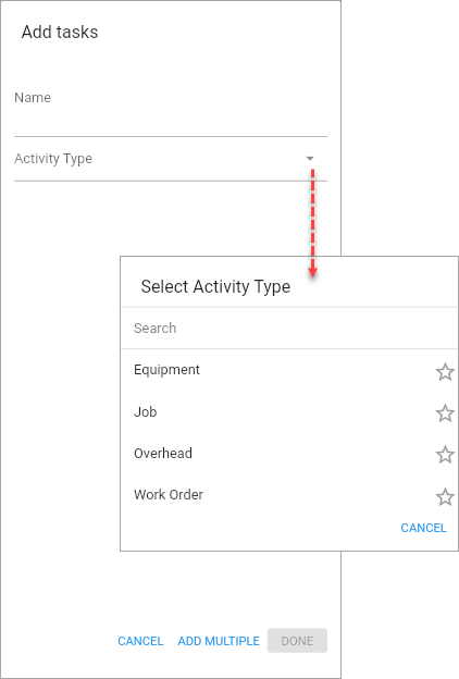 Screenshot of Add Tasks and Select Activity Type drop-down