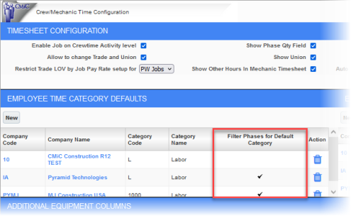 Screenshot of Crew/Mechanic Time Configuration with Filter Phases for Default Category highlighted.