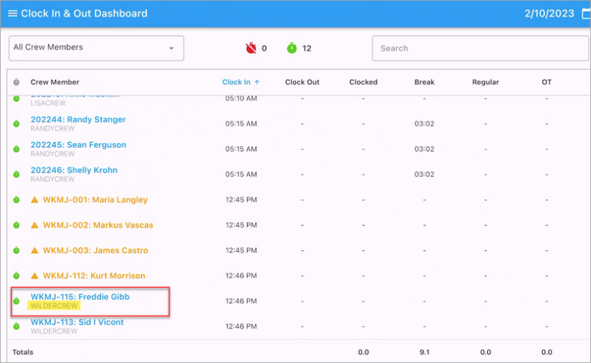 Screenshot of Real-Time Dashboard with highlighted crew member.