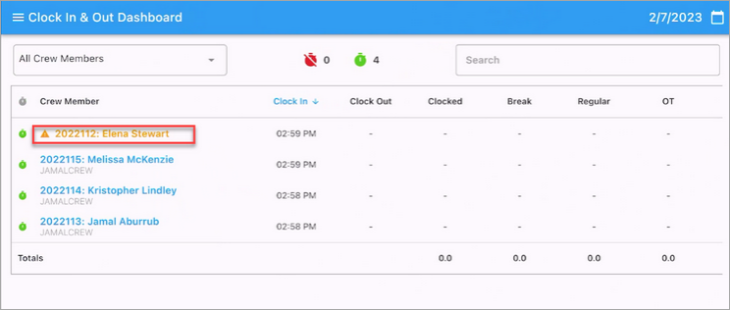 Screenshot of Real-Time Dashboard with highlighted crew member with error.