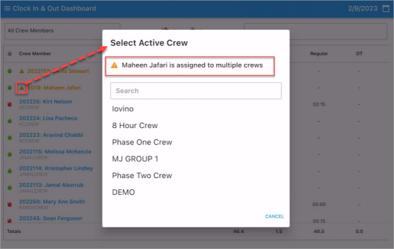 Image of Pop-up launched when an employee is assigned to multiple crews