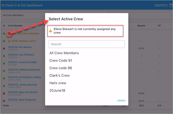 Image of Pop-up launched when an employee has no crew assigned.