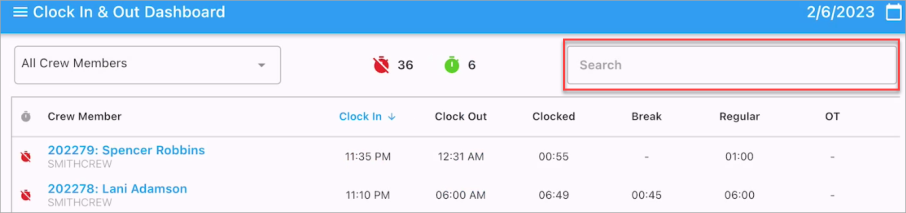 Screenshot of Real-Time Dashboard with Search field highlighted.