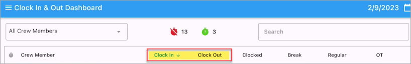 Screenshot of Real-Time Dashboard with Clock In and Clock Out fields highlighted.