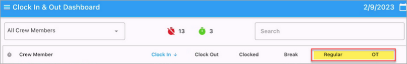 Screenshot of Real-Time Dashboard with Regular and OT Hours columns highlighted.