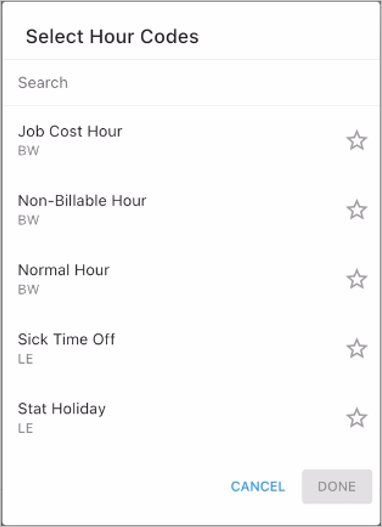 Screenshot of Select Hour Codes pop-up