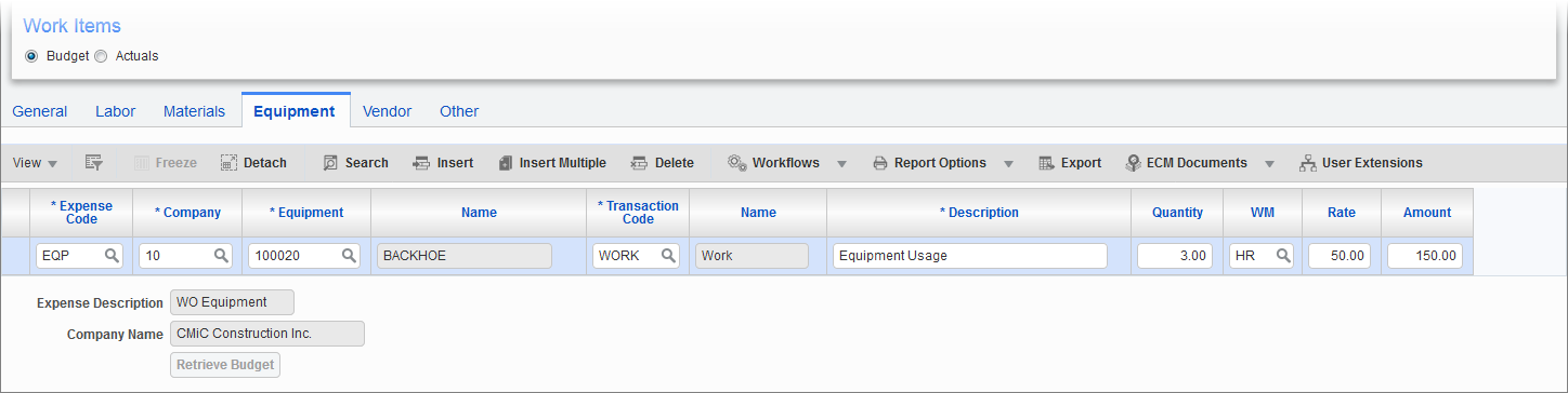 Work Order Billing - Work Item - Equipment Tab