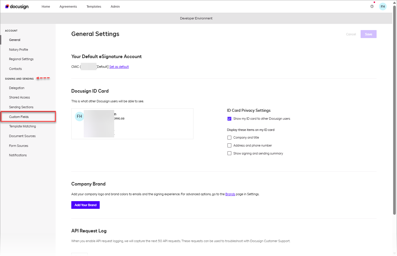Screenshot of the Custom Fields option under Signing and Sending
