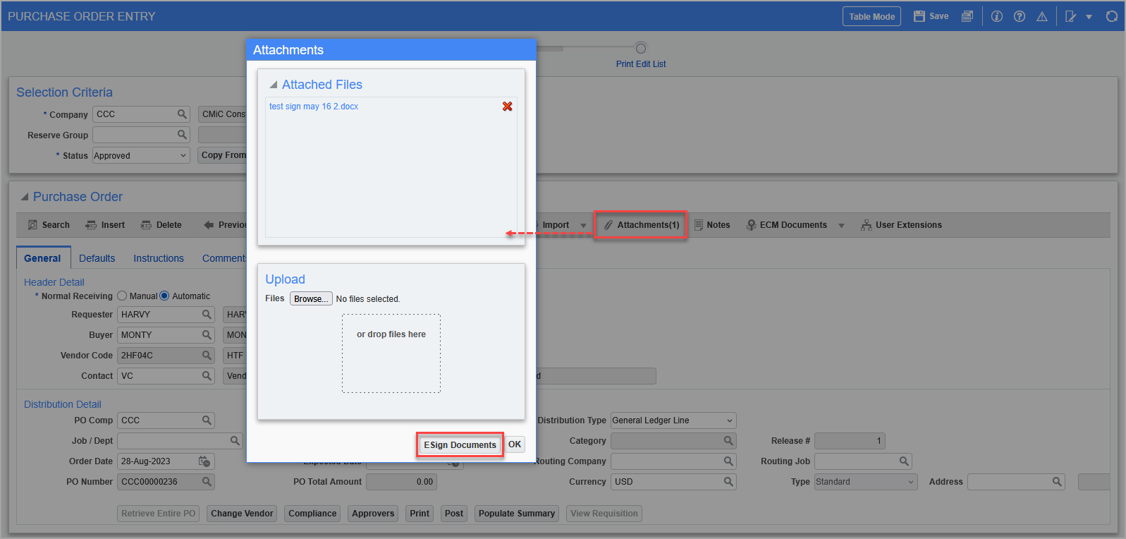 ESign Documents button on the Attachments pop-up window