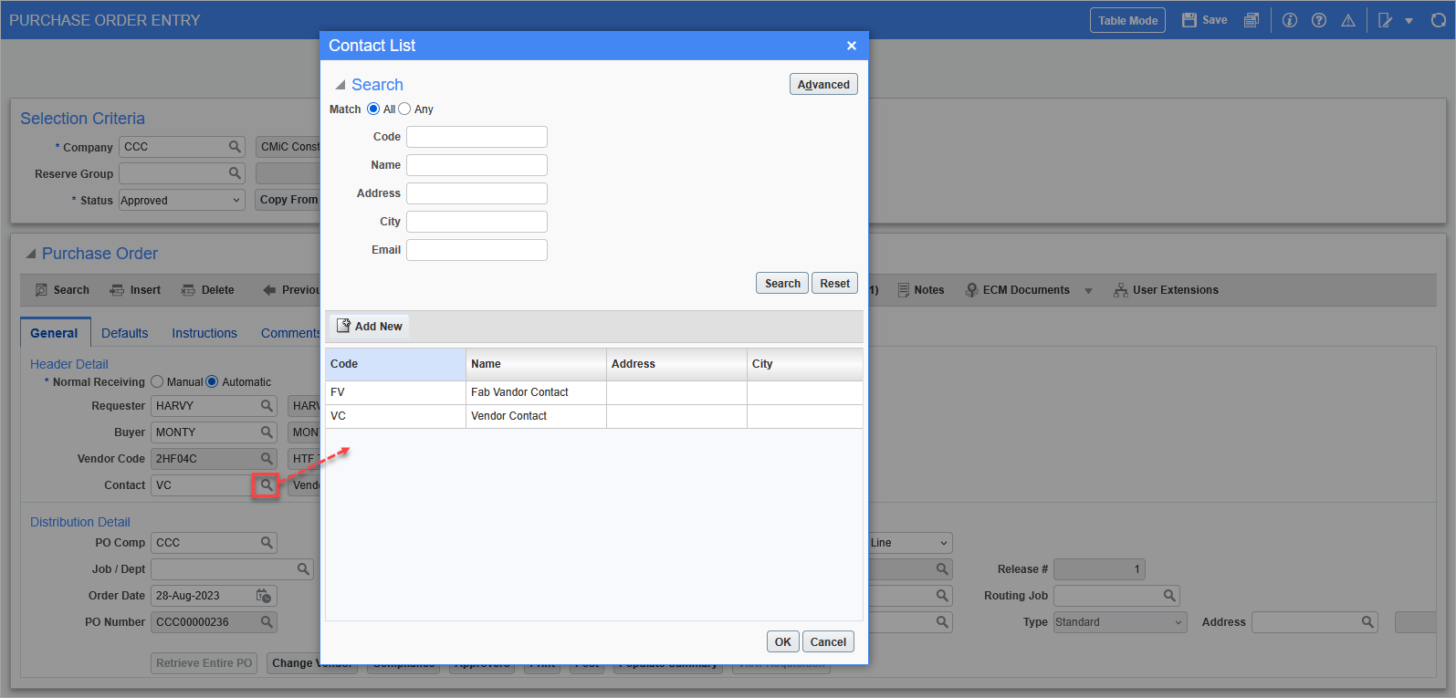 Select a vendor contact on the Contact LOV