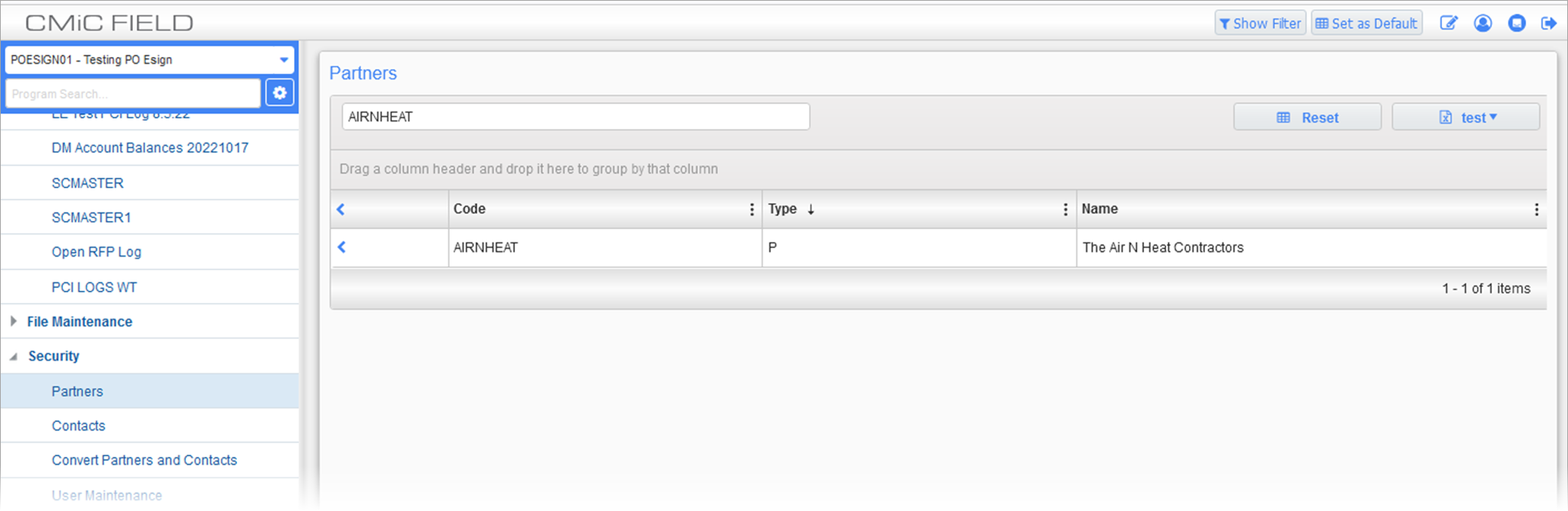 Partners screen in CMiC Field > Security