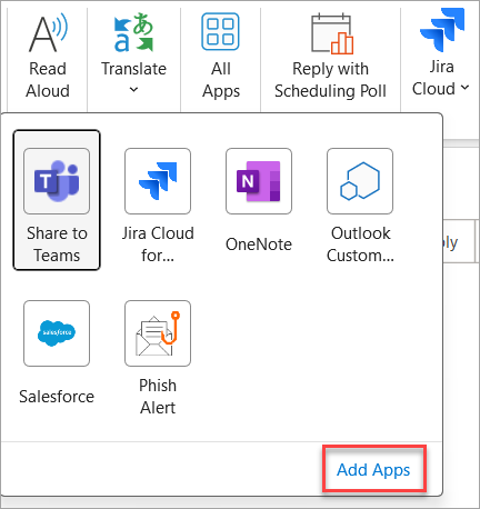 Add Apps in Microsoft Outlook from the All Apps button