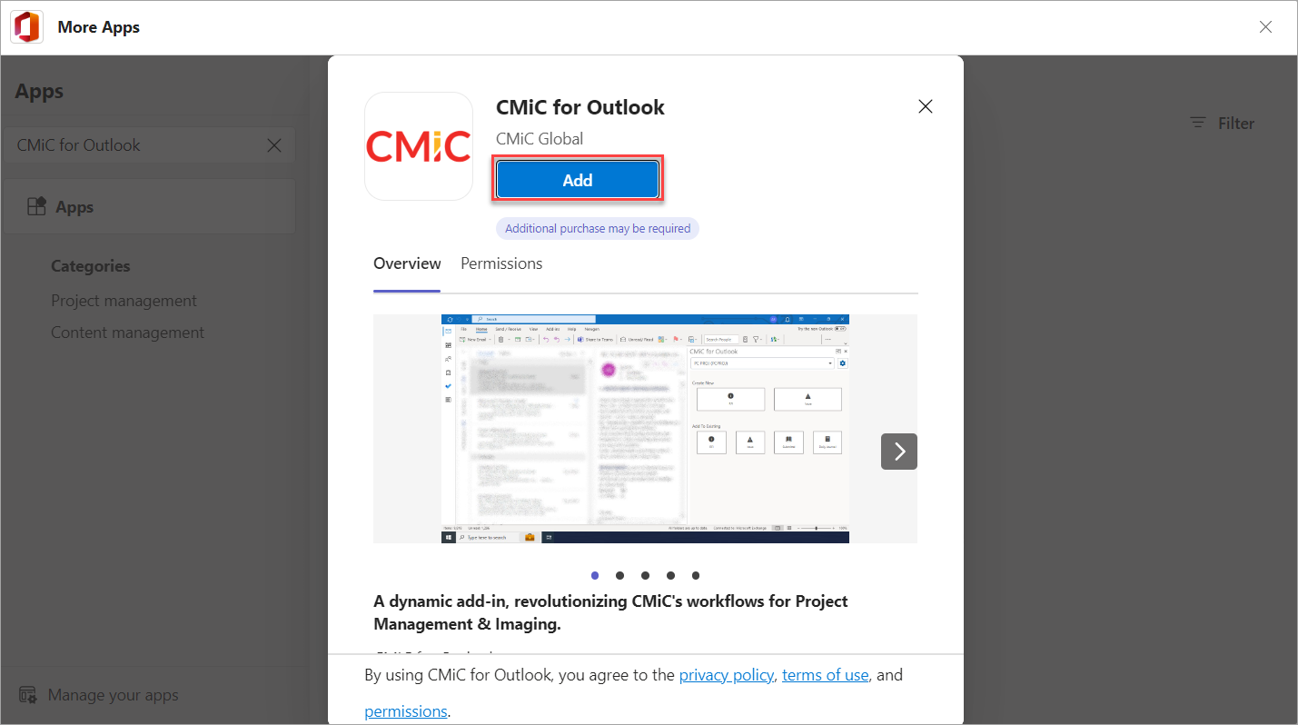 Add the CMiC for Outlook app in the More Apps pop-up window