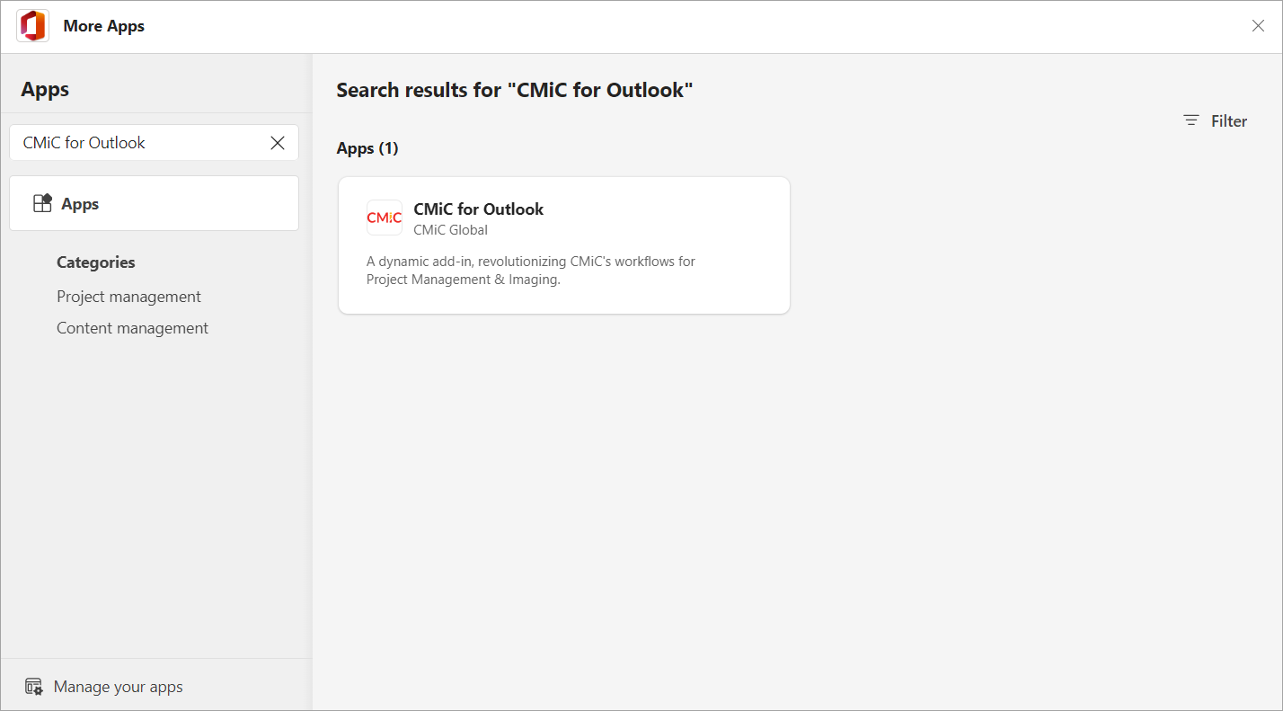 Search for CMiC for Outlook in the More Apps pop-up window