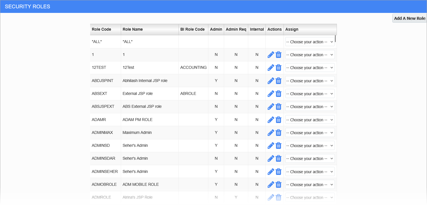 Sample of the Security Role Maintenance screen