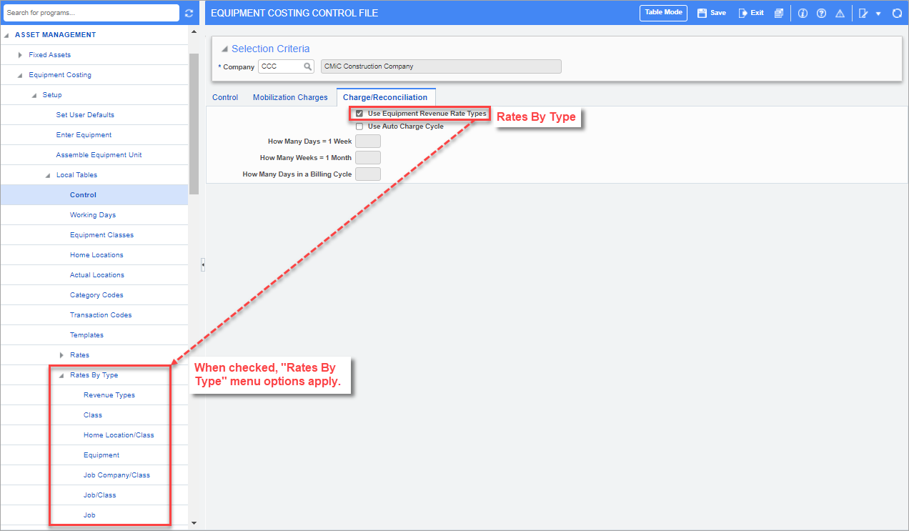 Equipment Costing Control File