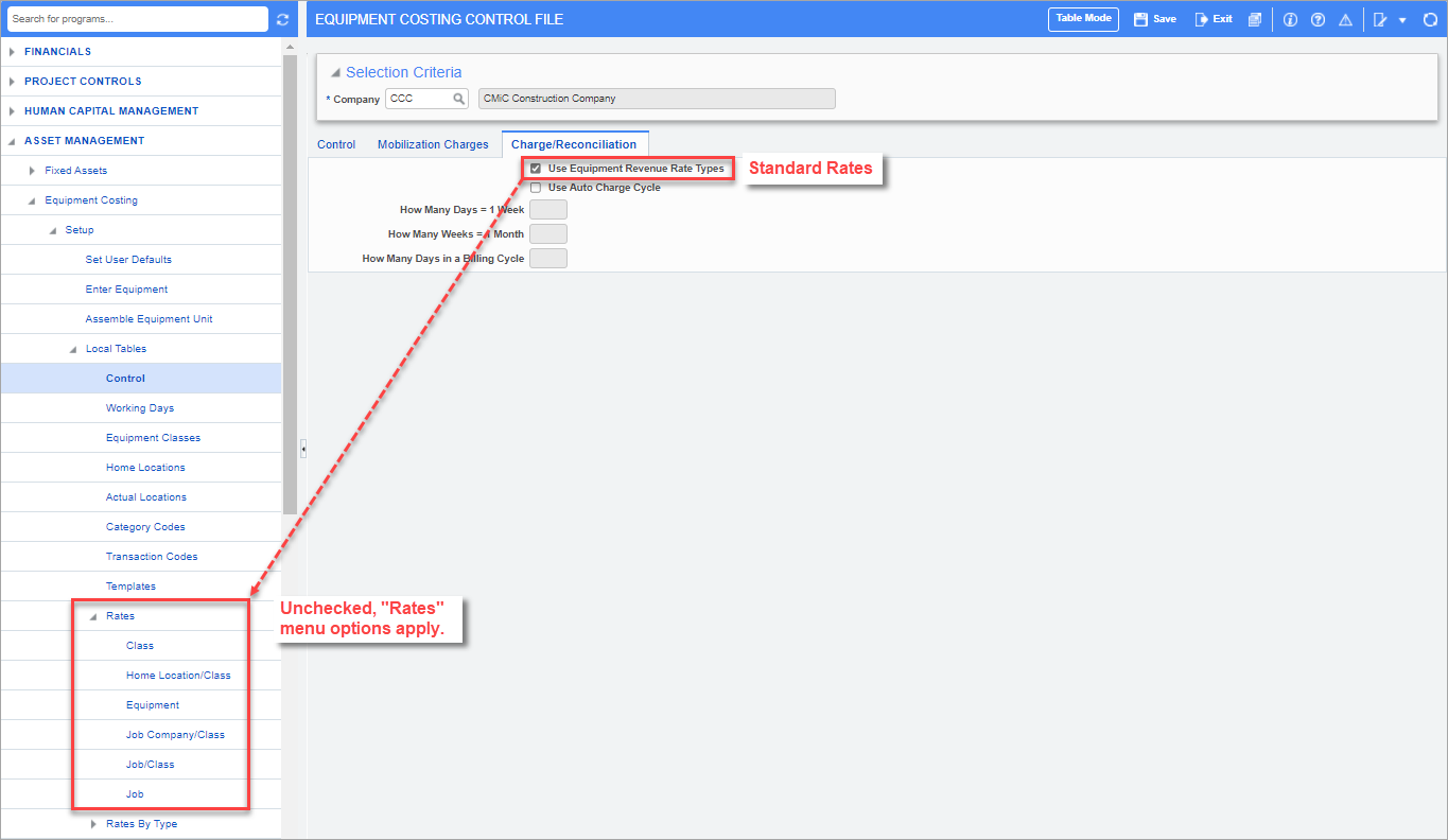 Equipment Costing Control File - Charge/Reconciliation Tab