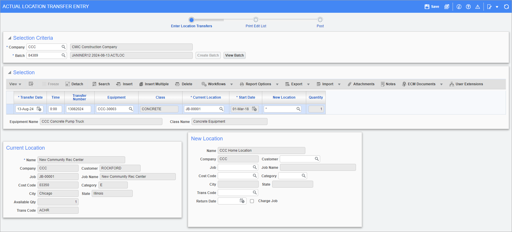 Screenshot of Actual Location Transfer Entry
