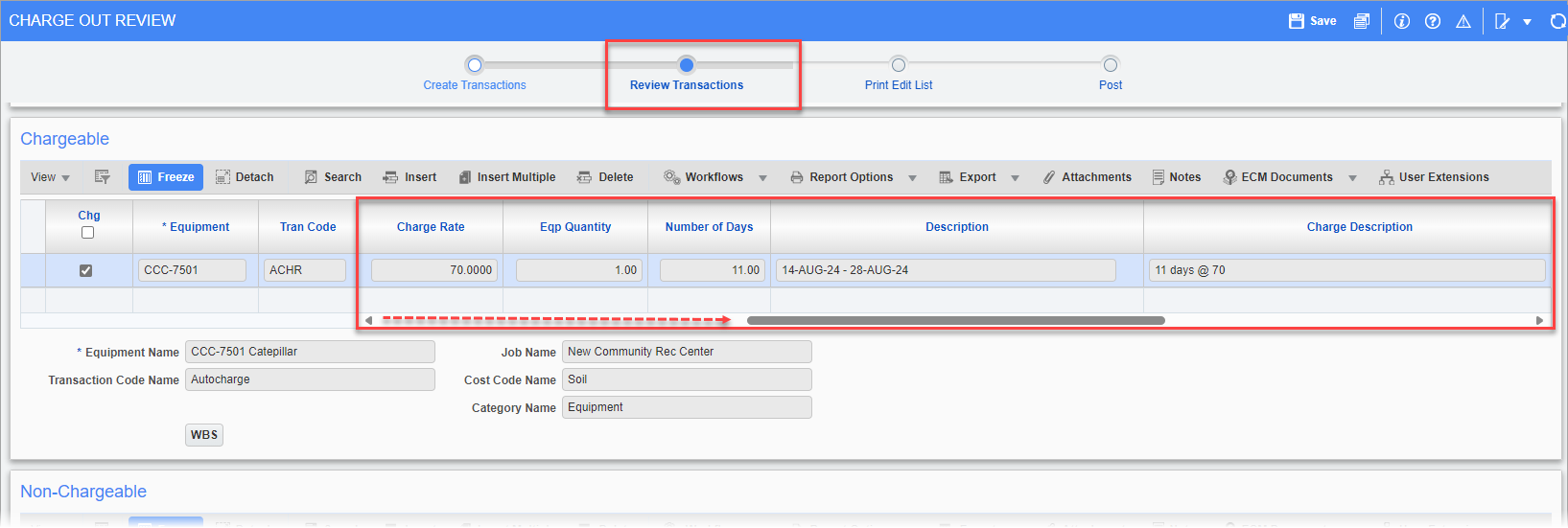 Screenshot of Charge Out Review