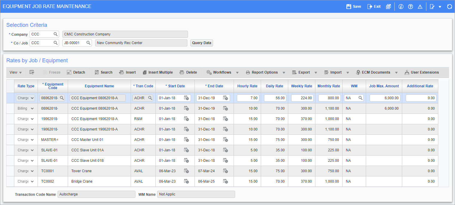 Screenshot of Equipment Job Rate Maintenance