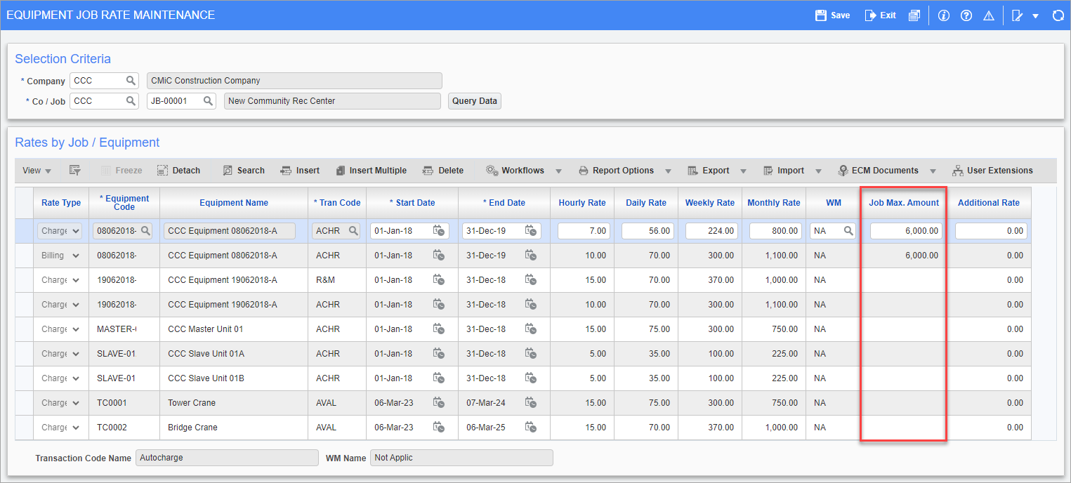 Screenshot of Equipment Job Rate Maintenancewith Job Max. Amount highlighted