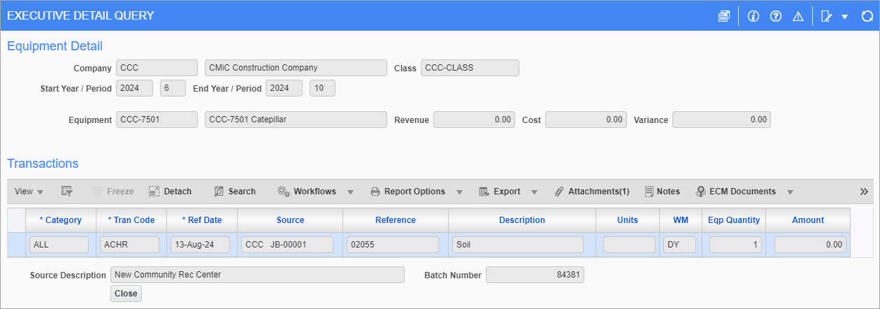 Screenshot of Executive Detail Query pop-up