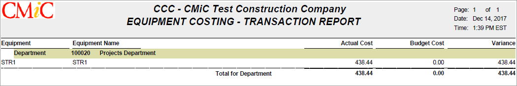 Equipment Cost Report