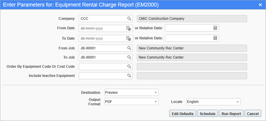 Screenshot of the Equipment Rental Charge Report parameters screen