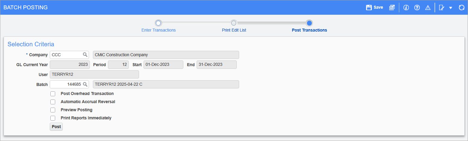 Screenshot of the Batch Posting screen for Journal Entry