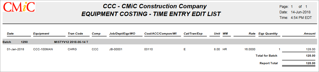 Equipment Costing - Time Entry Edit List