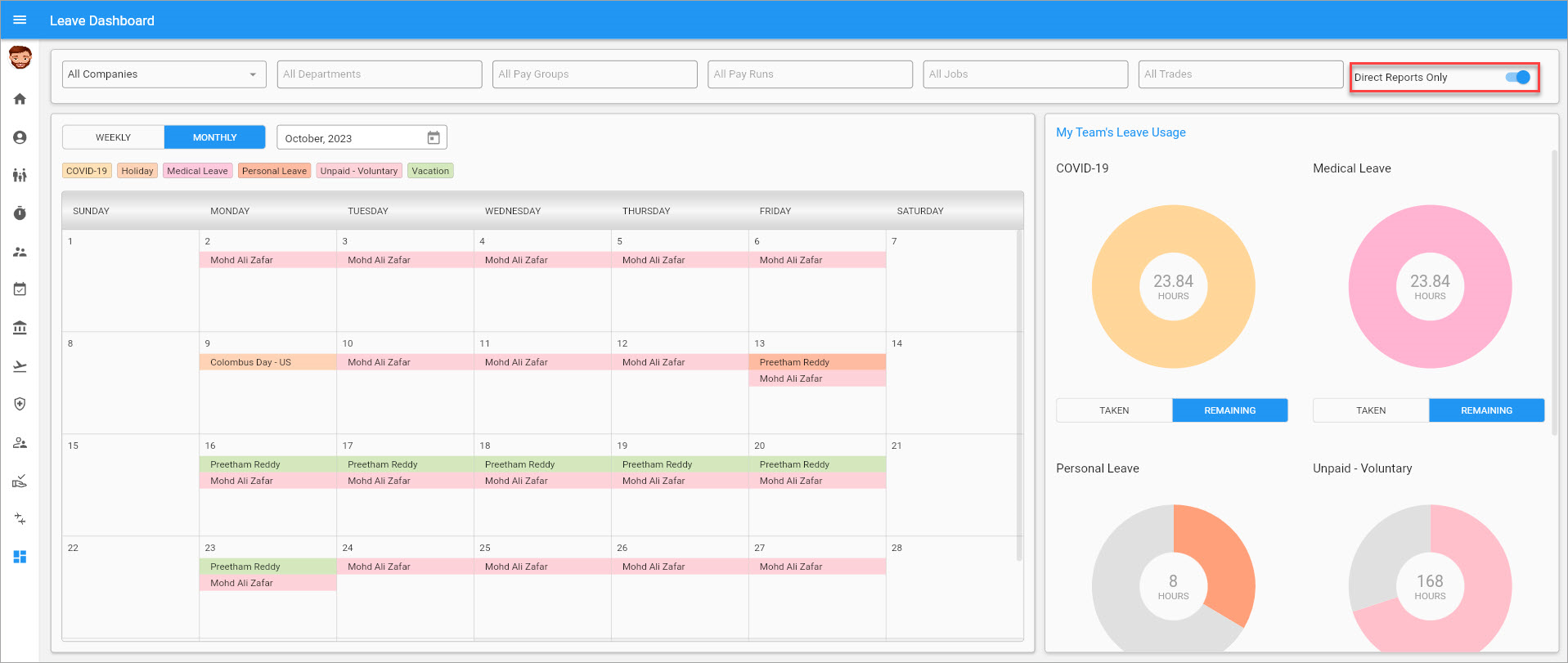 Screenshot of the Leave Dashboard in Monthly view.