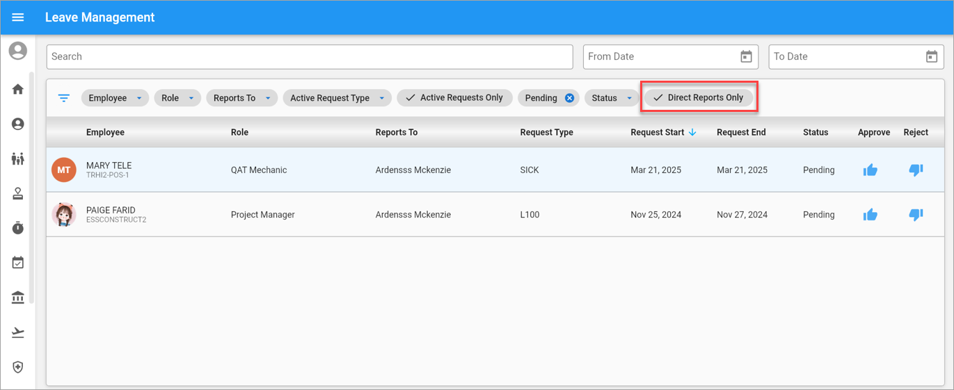 Screenshot of Leave Management Log with Direct Reports Only filter highlighted.