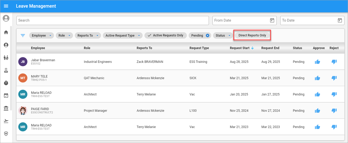 Screenshot of Leave Management Log with Direct Reports Only filter disabled.