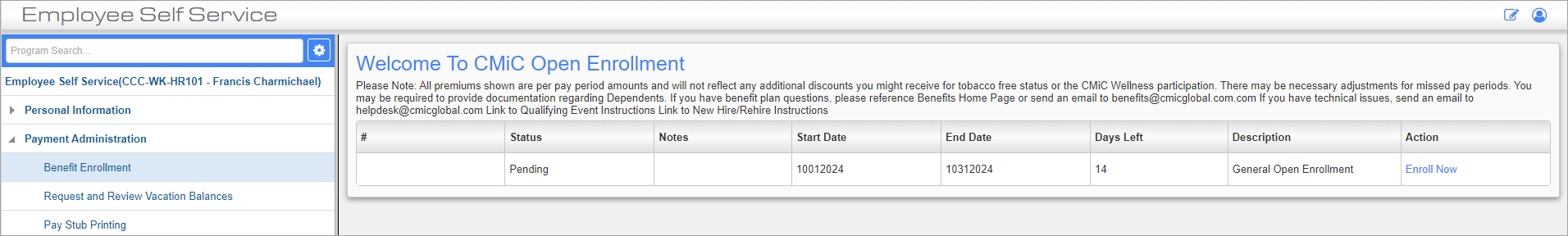 Screenshot of Benefit Enrollment