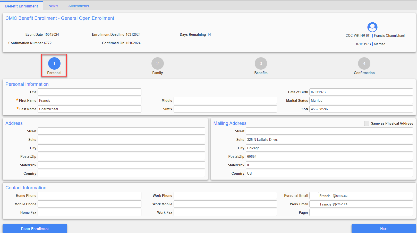 Screenshot of Benefit Enrollment - Personal tab