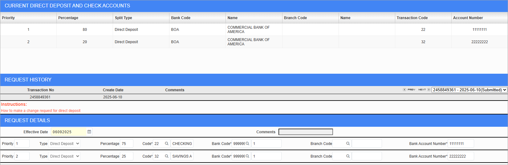 Screenshot of Direct Deposit and Check Accounts.