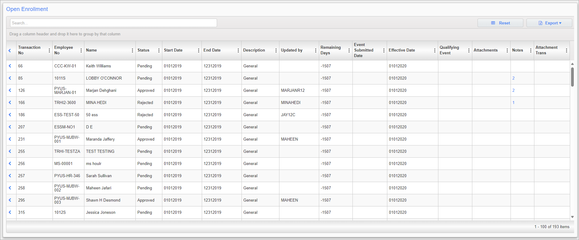 Screenshot of Open Enrollment Status