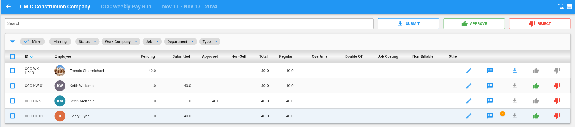 Screenshot of Timesheet Approval with company pay run selected.