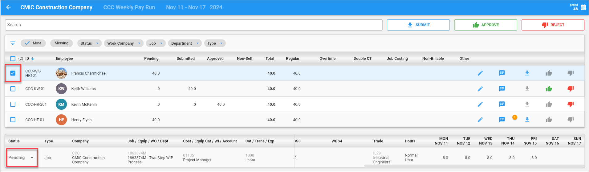 Screenshot of Timesheet Approval with company pay run selected and employee selected.