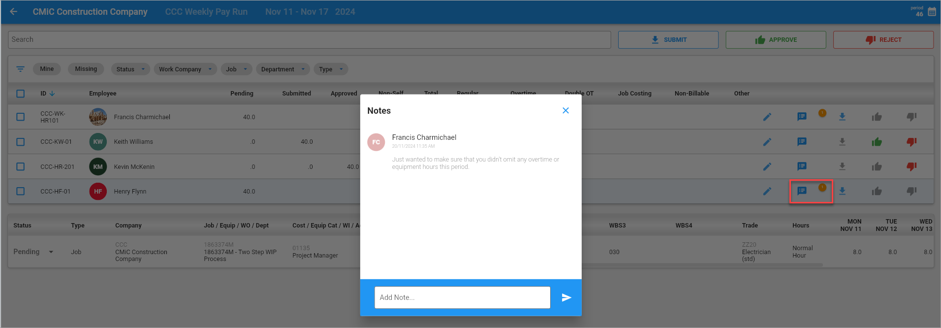 Screenshot of Notes launched from Timesheet Approval.