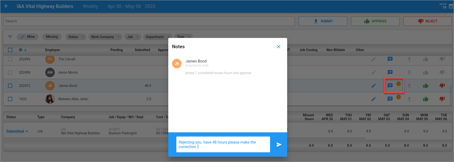 Screenshot of Notes launched from Timesheet Approval.